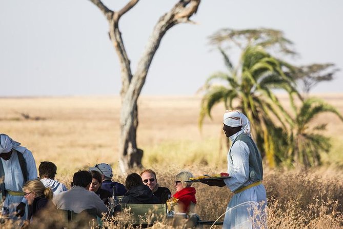 Serengeti Balloon Safari and authentic bush breakfast - The landing moment: bubbly toast and breakfast under an acacia